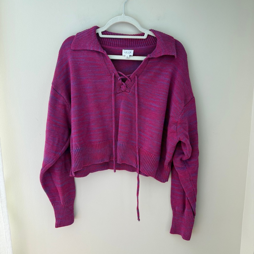 Le Lis Collection Magenta Space Dye Lace Up Cropped Sweater SWT9231 Large